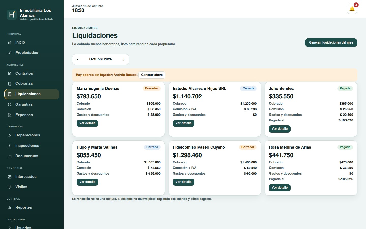 Liquidación a propietarios