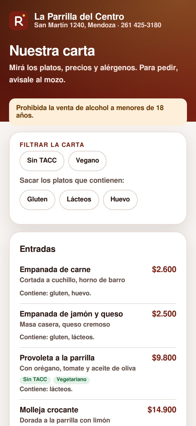 Carta online que ve el cliente al escanear el QR de la mesa