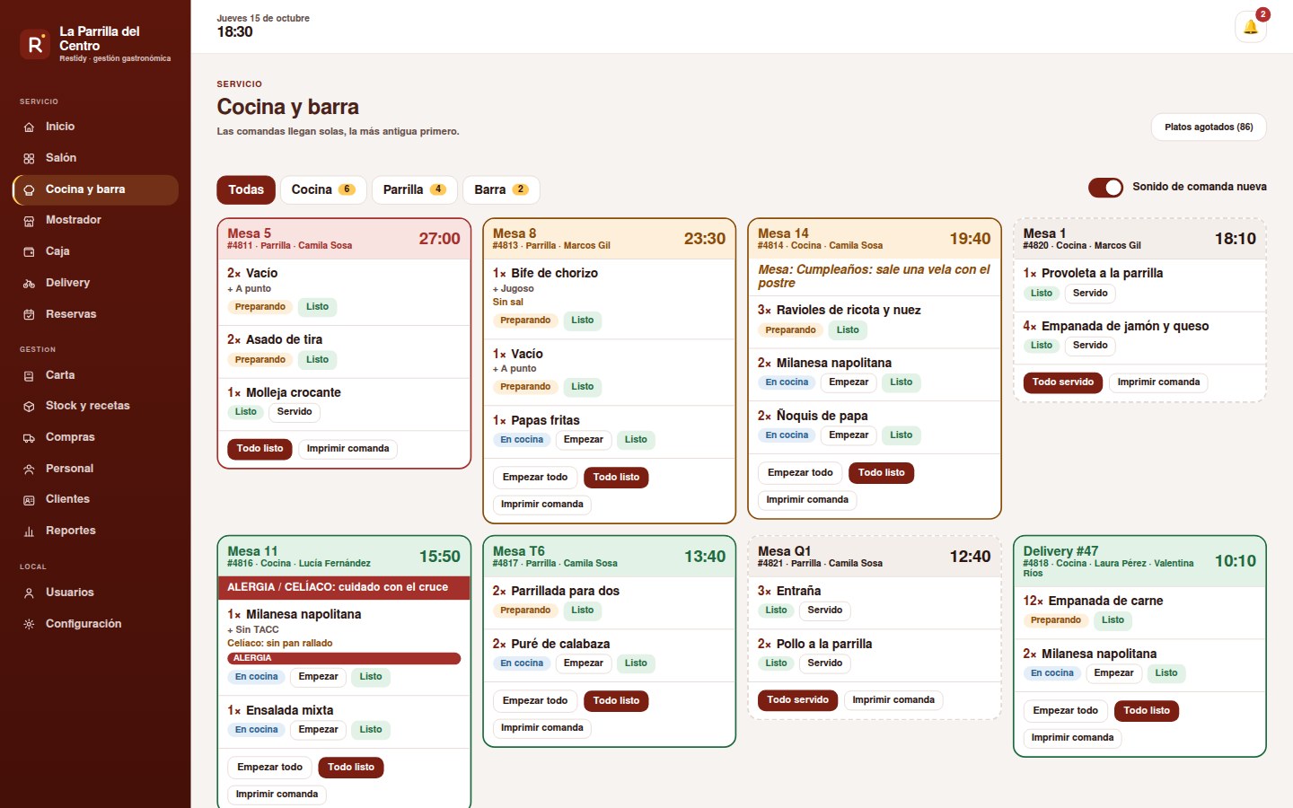 Pantalla de cocina de Restidy con comandas y tiempos