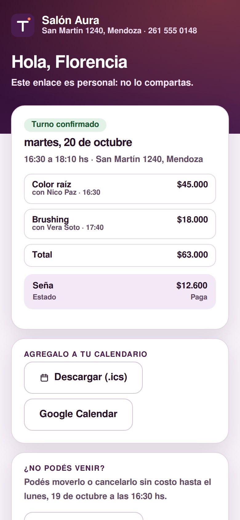 Mi turno: confirmación, seña y calendario