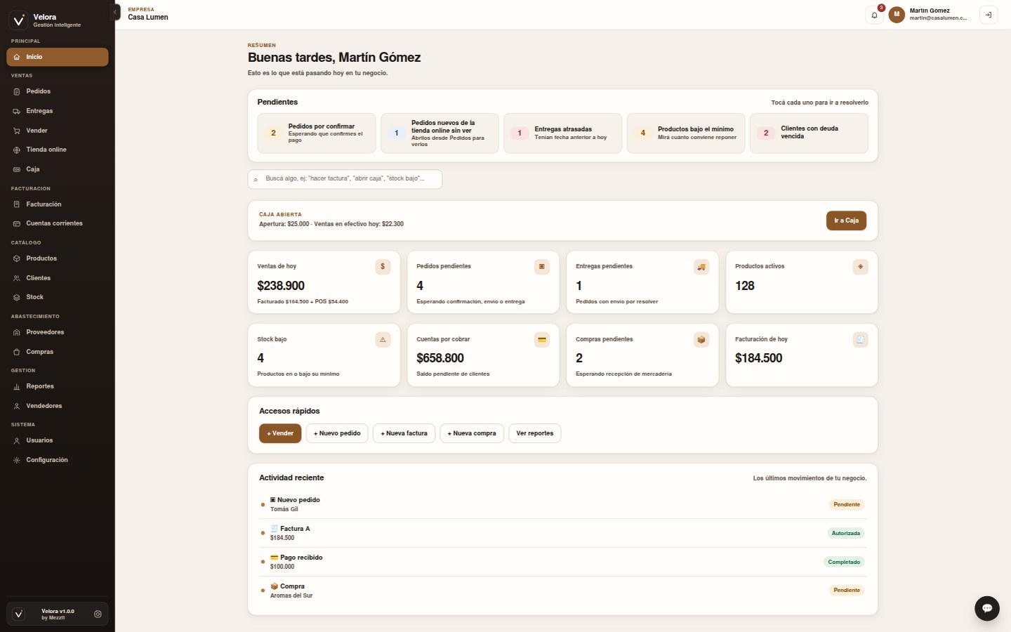 Tablero de Velora con pendientes, caja y ventas del día