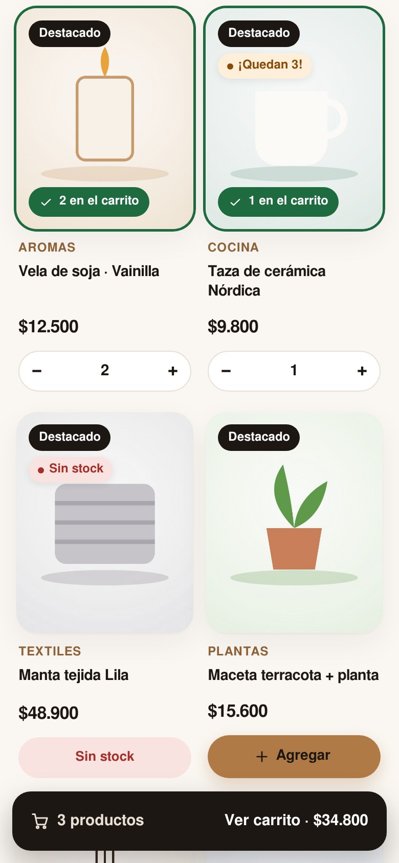 Tienda online de Velora en el celular, con productos y carrito